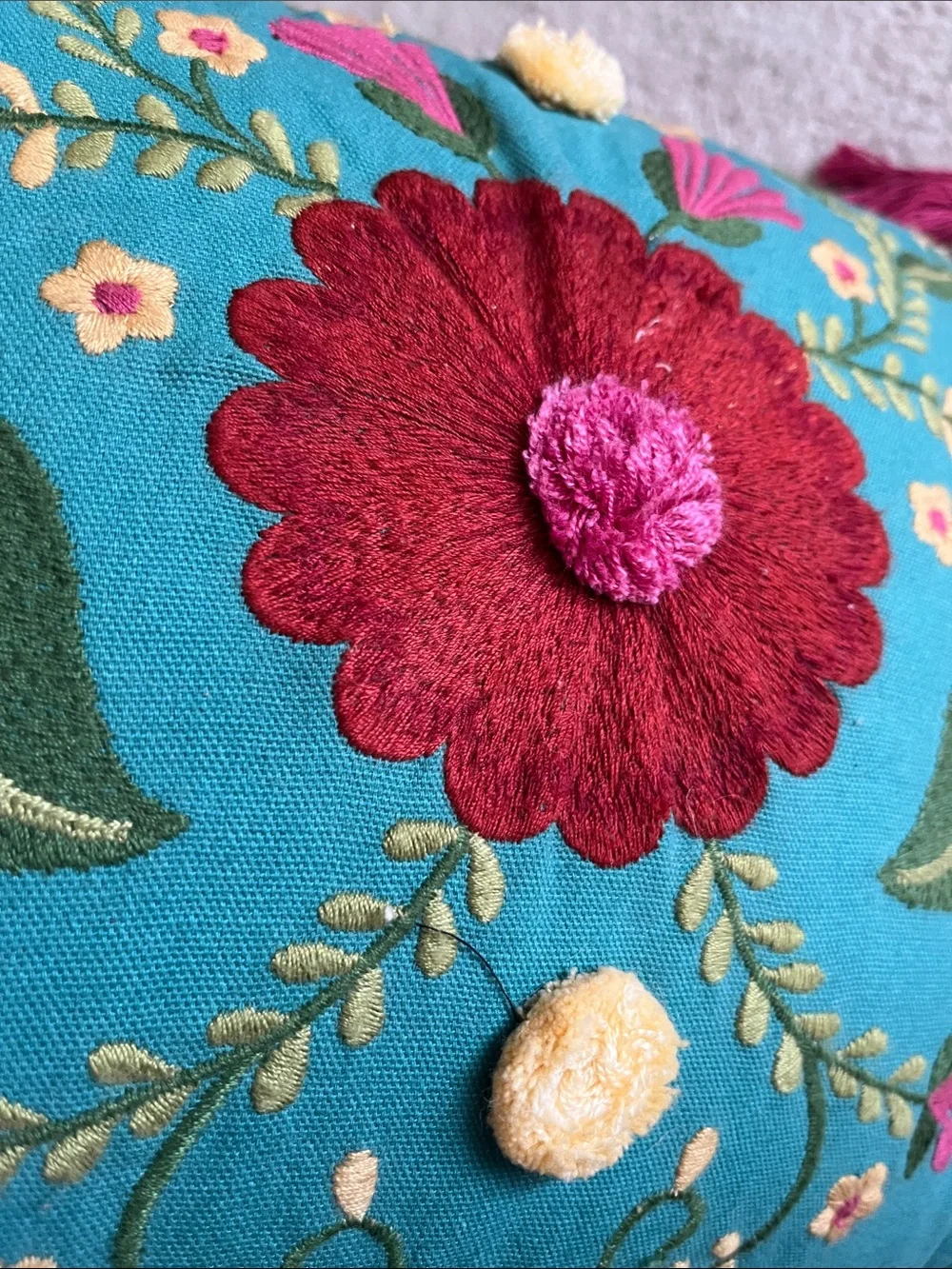 Pier 1 Fiesta Floral teal lumber embroidered  lumbar pillow boho fringe tassels